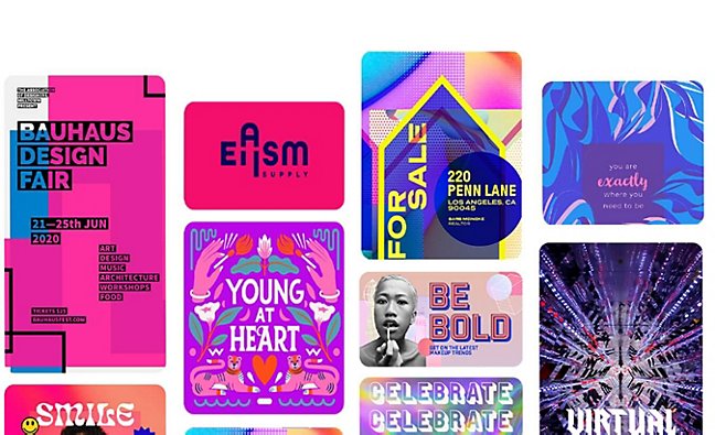 A selection of colorful, beautifully designed posters, flyers, and cards forms a multicolored mosaic. 