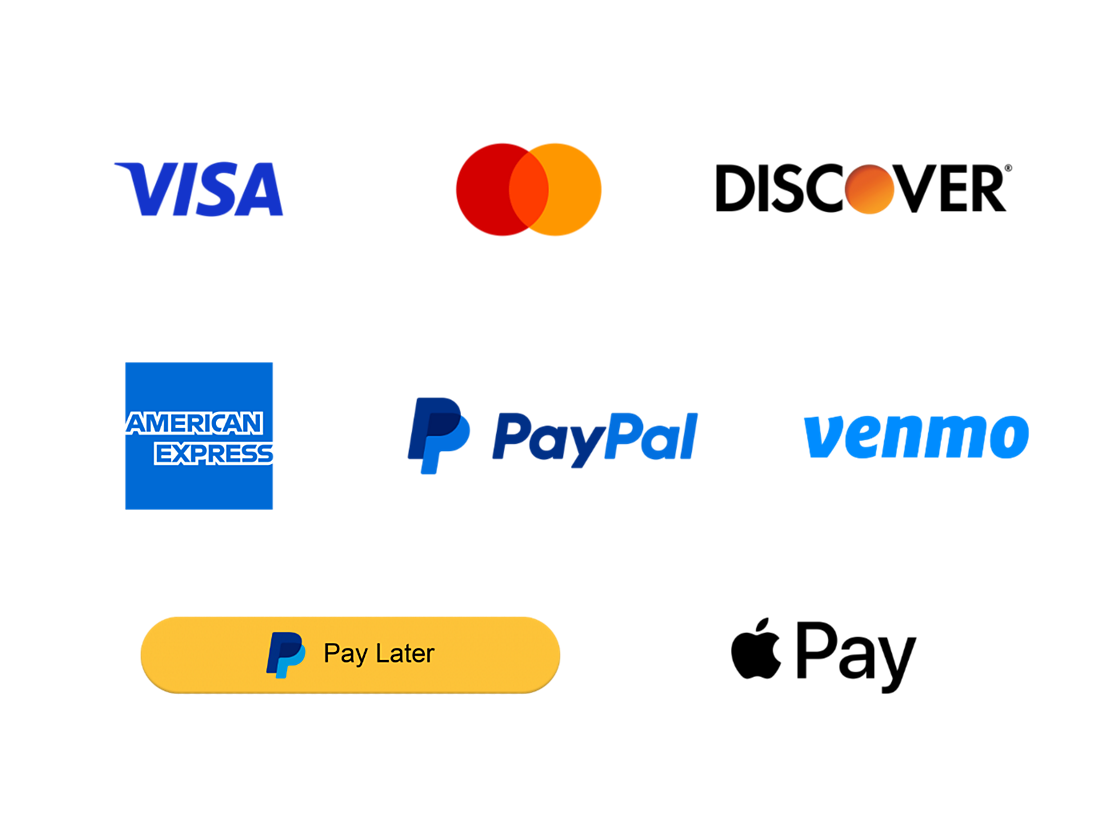 Visa, Mastercard, Discover, American Express, Paypal, Venmo, paiement différé, Apple Pay