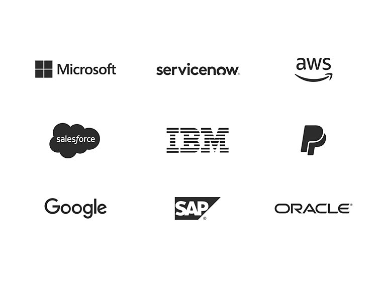 Logos: Microsoft, Servicenow, AWS, Salesforce, IBM, Paypal, Google, SAP, Oracle