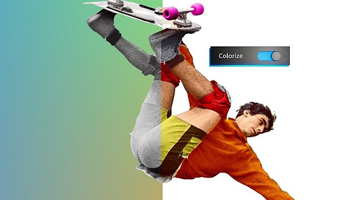 A black-and-white photograph of a person doing a skateboard trick transforms into vibrant colors with the Colorize filter in Photoshop. 
