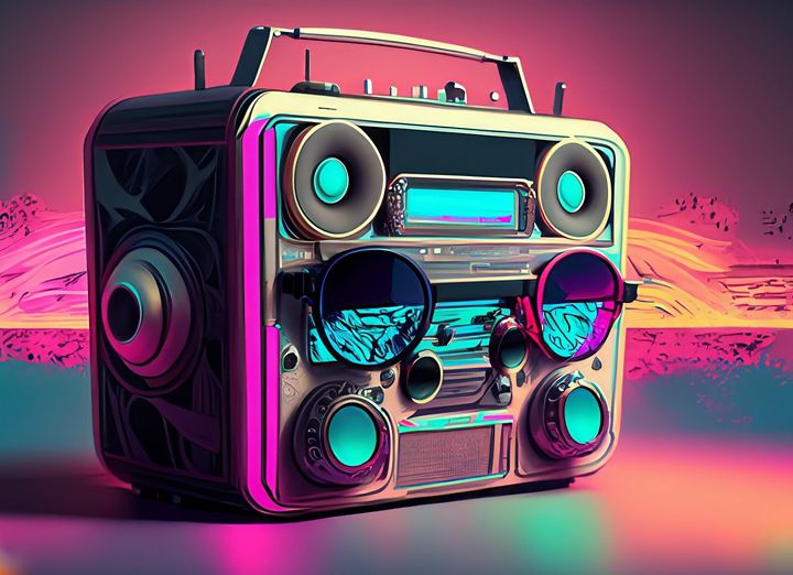 Retro futuristic boom box with sunglasses.