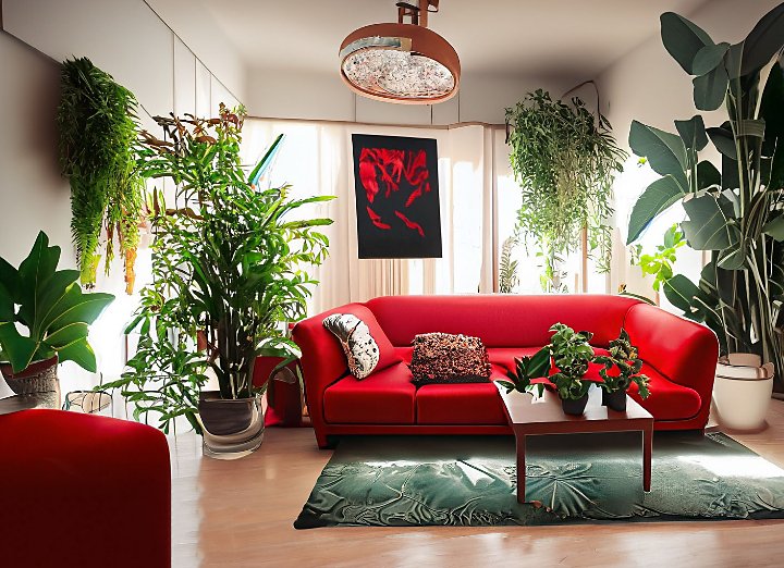 A living room with a lot of plants with a red couch.