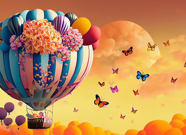 Hot air balloon full of flowers and butterflies, orange sky in background, happy birthday basket balloons, cubism, wide angle, golden hour, vibrant color.